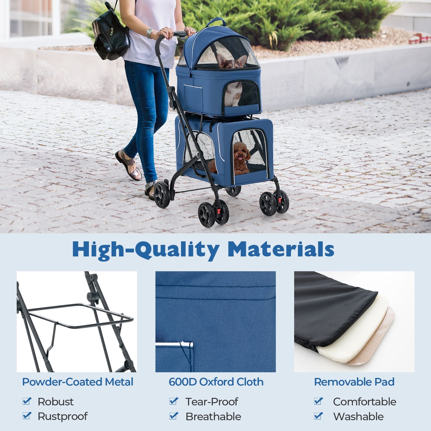 Double Pet Stroller, Foldable 3-in-1, 2 Detachable Carriers, Blue Dog Supplies at Gallery Canada