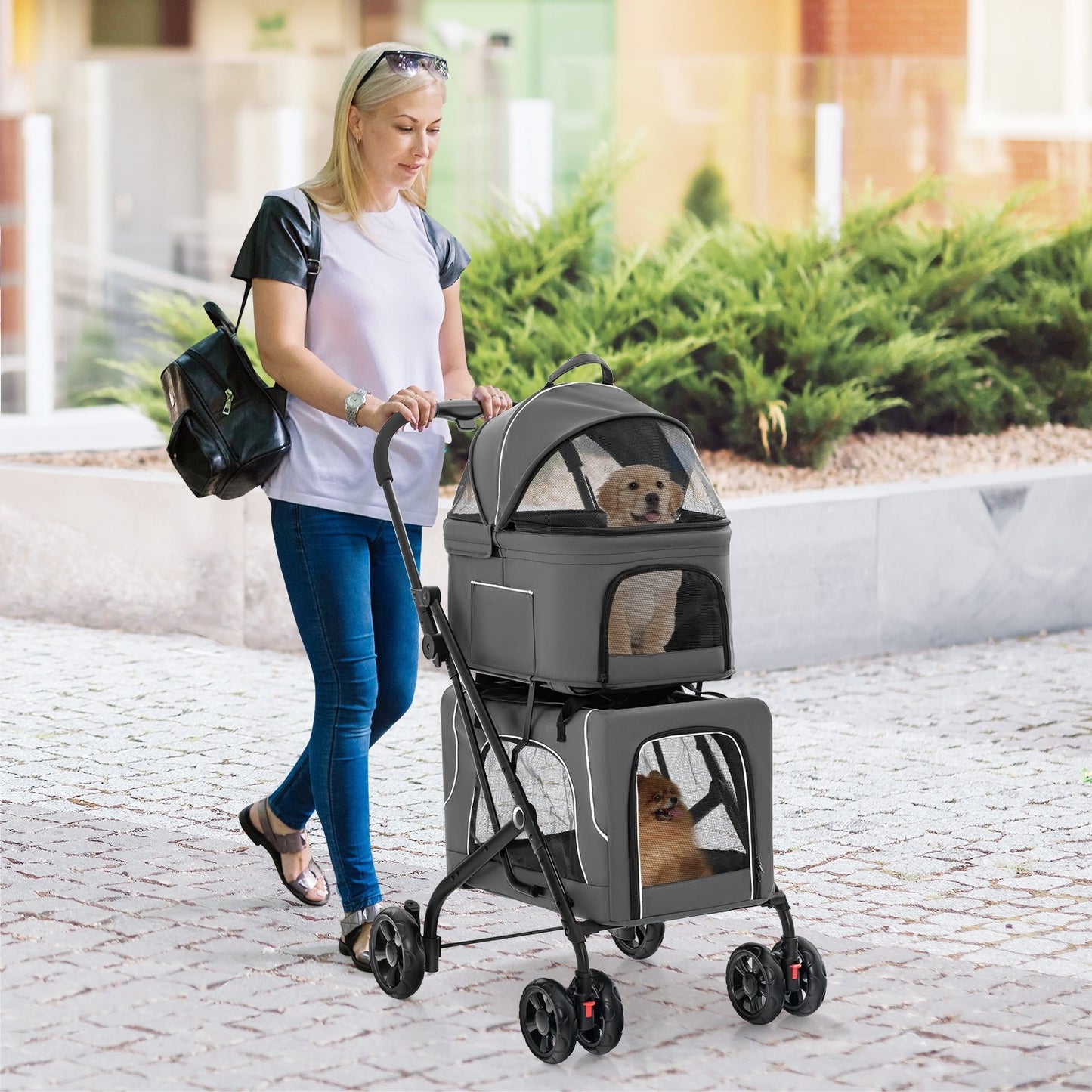 Double Pet Stroller Foldable 3-in-1 Dog Stroller with 2 Detachable Carriers, Gray