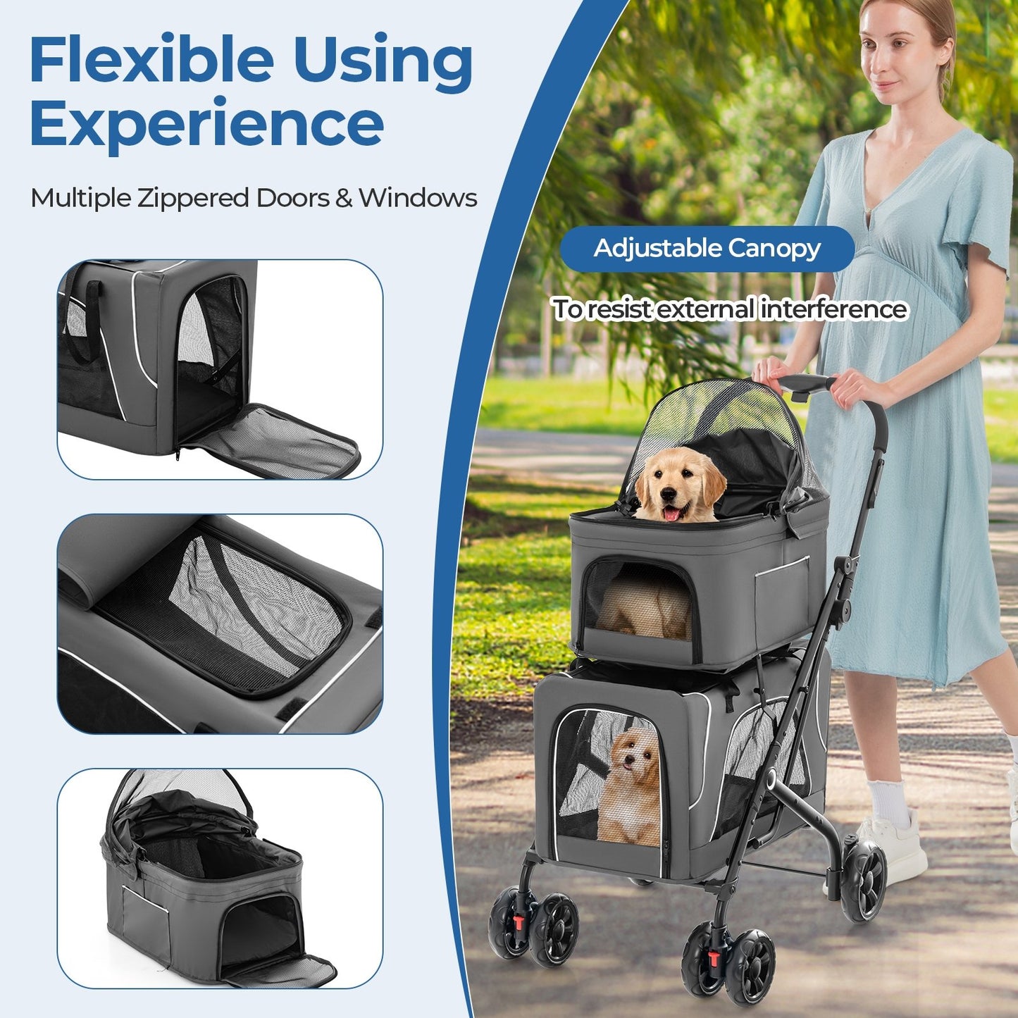 Double Pet Stroller Foldable 3-in-1 Dog Stroller with 2 Detachable Carriers, Gray