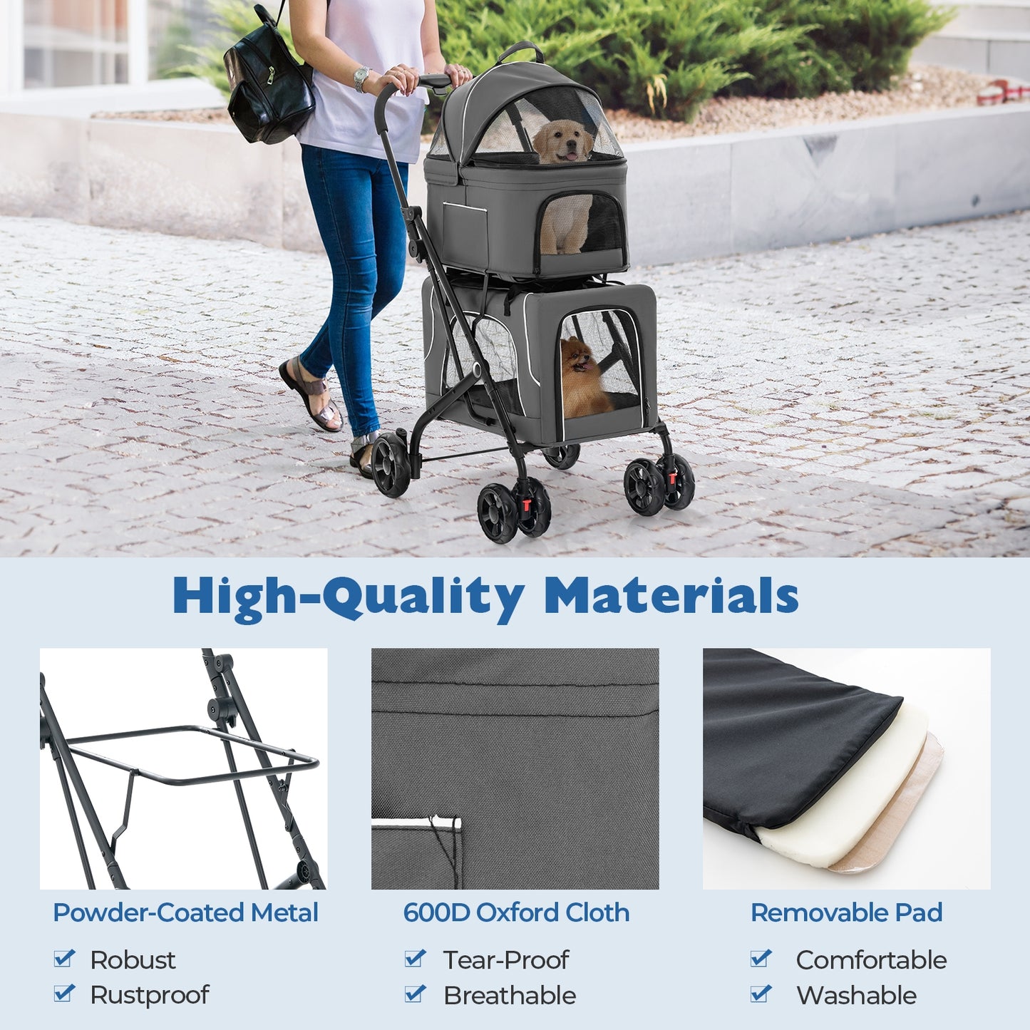Double Pet Stroller, Foldable 3-in-1, Gray Dog Supplies at Gallery Canada