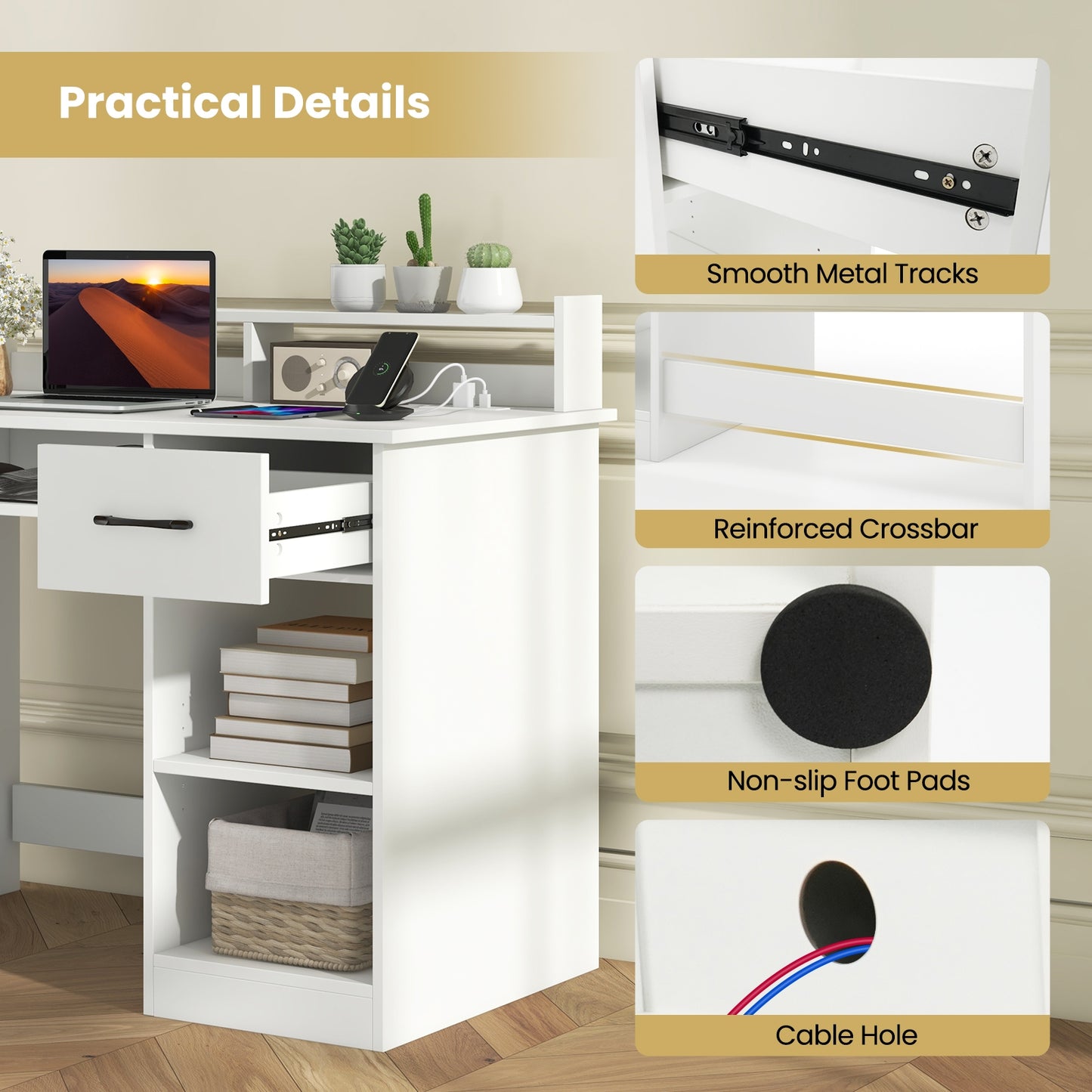 Desk With Charging Station, Adjustable Shelf, White Writing Desks at Gallery Canada