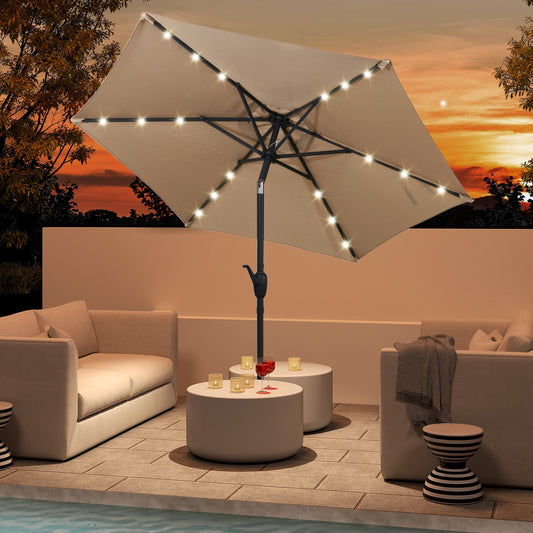 7.5 Feet Solar Patio Umbrella, LED Lights, Crank Handle, Beige Outdoor Umbrellas Beige at Gallery Canada