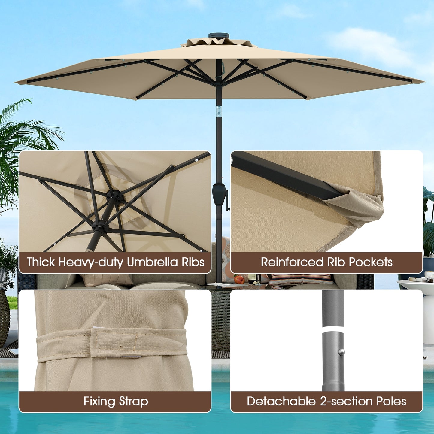 7.5 Feet Solar Patio Umbrella, LED Lights, Crank Handle, Beige