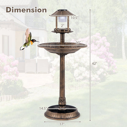 Pedestal Bird Bath with Solar Light with Bird Feeder and Flower Planter, Bronze
