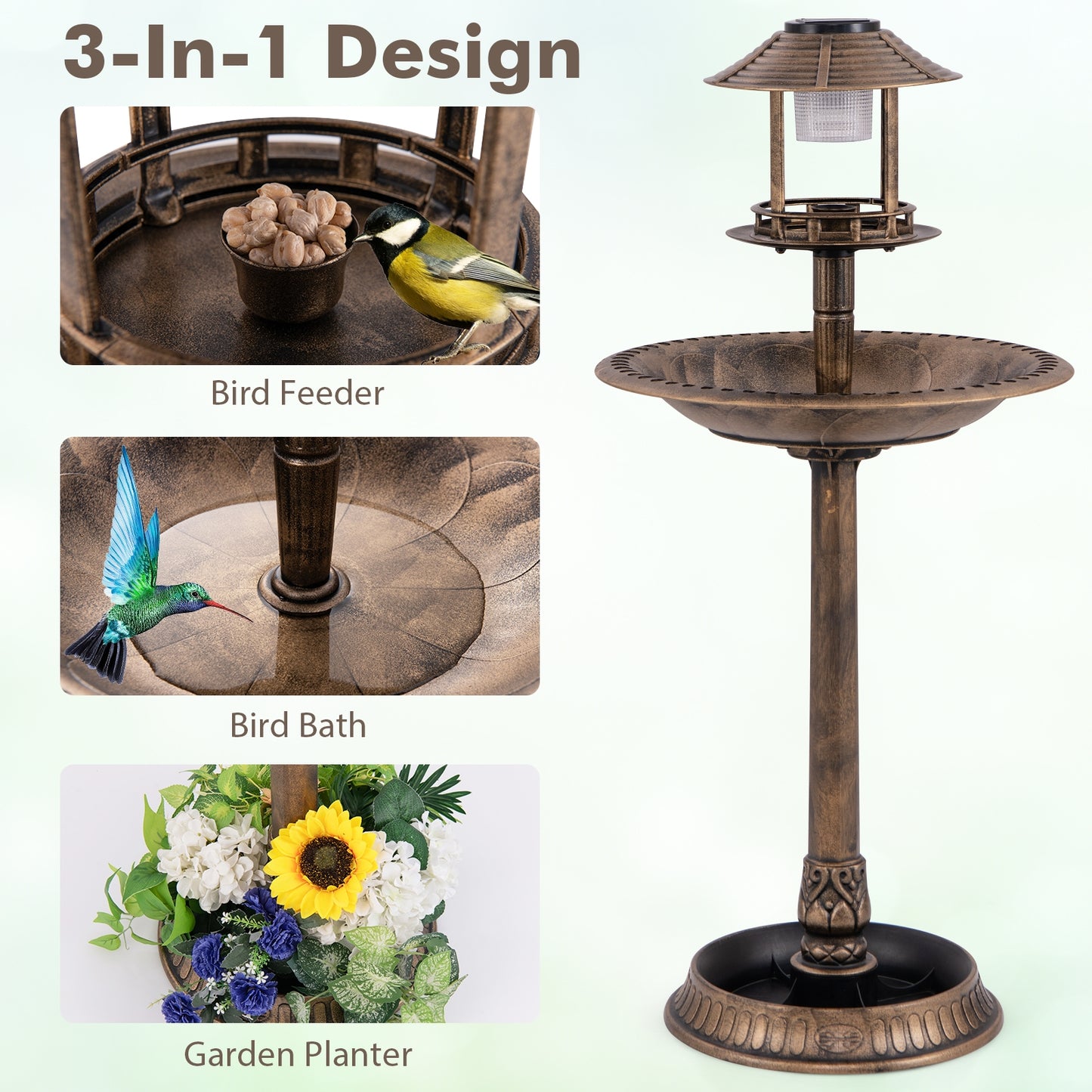 Pedestal Bird Bath With Solar Light, Feeder, Planter, Bronze Chicken Coops at Gallery Canada