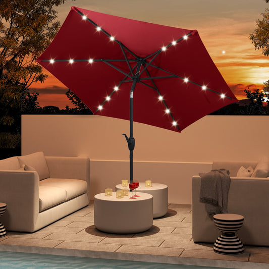 7.5 Feet Solar LED Patio Umbrella, Crank Handle, Burgundy Outdoor Umbrellas Burgundy at Gallery Canada