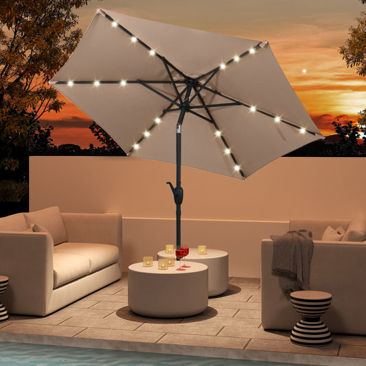 7.5 Feet Solar Powered Patio Umbrella with LED Lights and Crank Handle, Tan Outdoor Umbrellas Tan at Gallery Canada