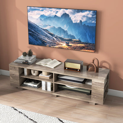 Wooden TV Stand with 8 Open Shelves for TVs up to 65 Inch Flat Screen, Light Gray