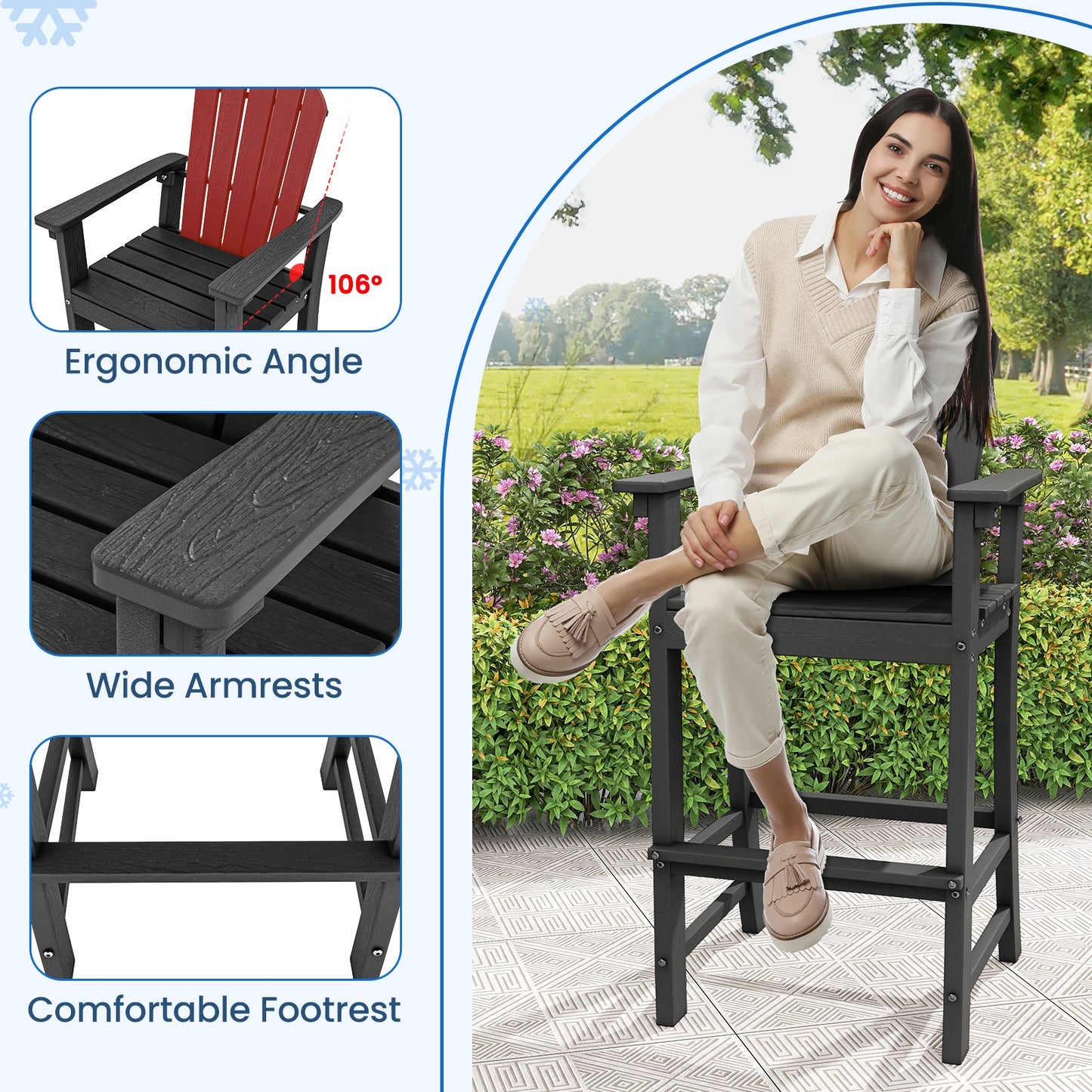Set of 2 Counter Height Outdoor HDPE Bar Stool with Armrests and Footrest, Black Patio Dining Chairs at Gallery Canada