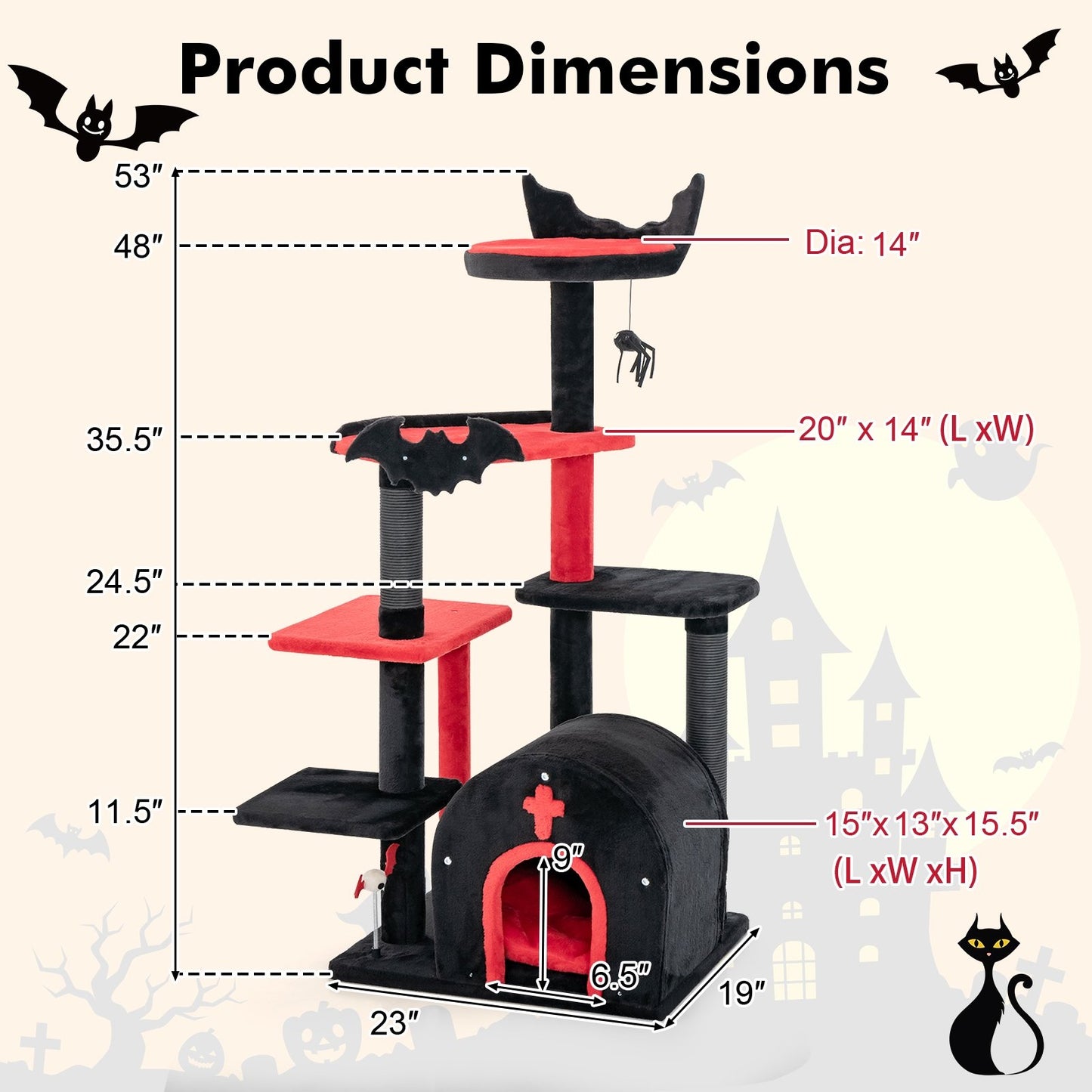 Gothic Cat Tree 53" Tall Cat Tower with Cat Bed and Arch-Shaped Condo, Black