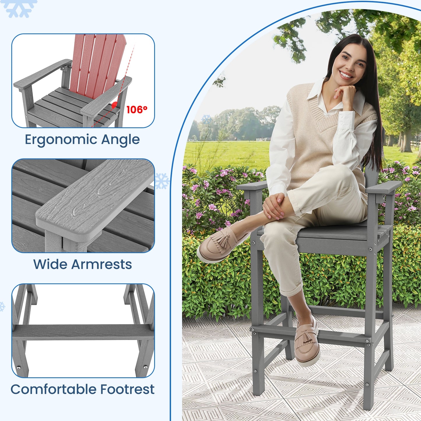 Set of 2 Outdoor HDPE Bar Stools, With Armrests and Footrest, Gray Patio Dining Chairs at Gallery Canada