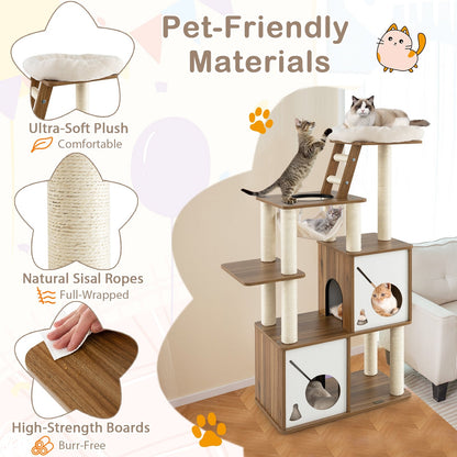 57" Cat Tree Tower Multi-Level Activity Center with Scratching Posts, Natural