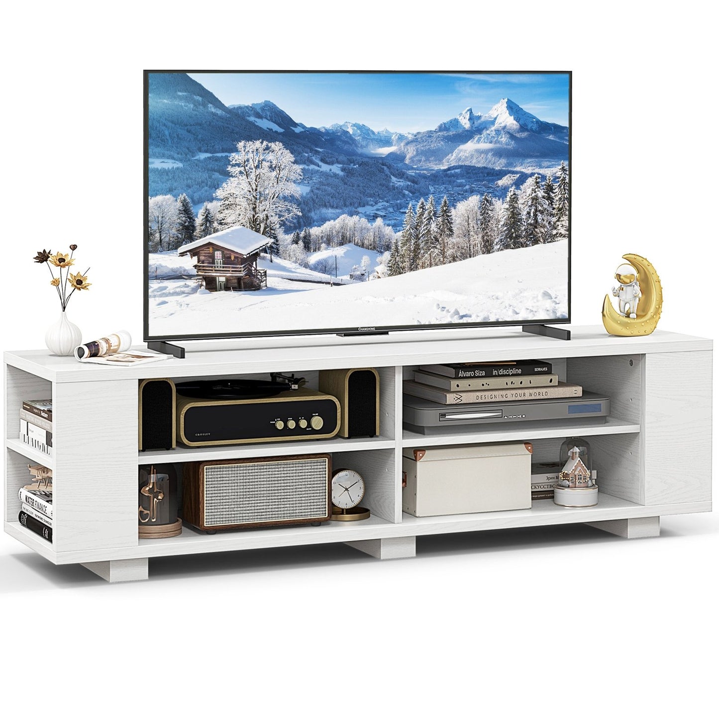 Wooden TV Stand with 8 Open Shelves for TVs up to 65 Inch Flat Screen, White