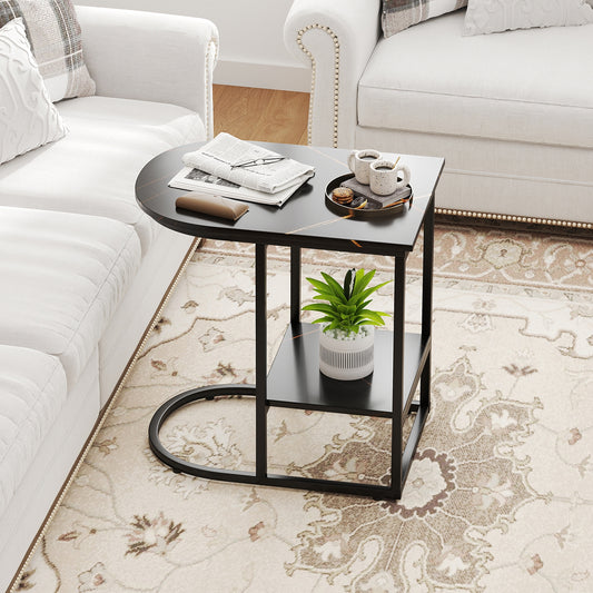 Modern C-Shaped Sofa Side Table, Faux Marble Top, Storage Shelf, Black End & Side Tables Black at Gallery Canada