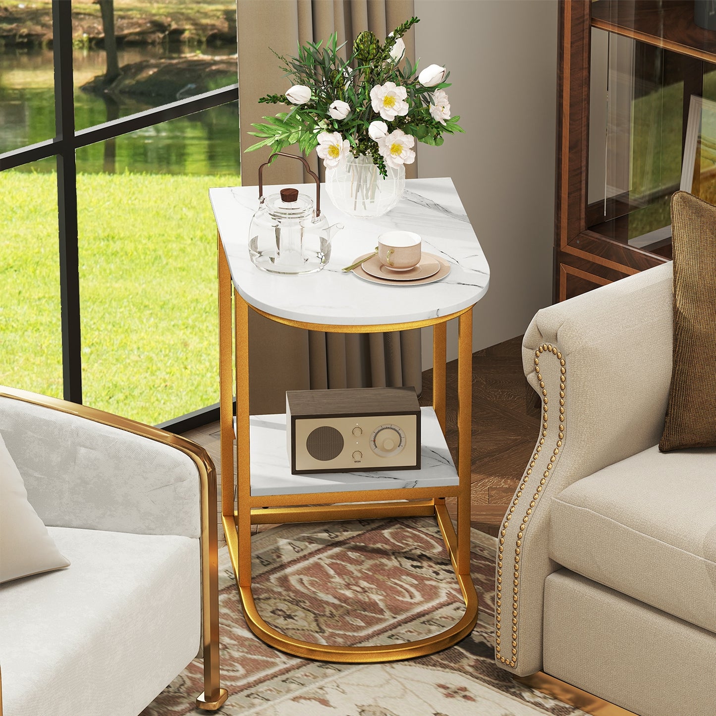 Modern C-Shaped Sofa Side Table, Faux Marble Tabletop With Storage Shelf, White