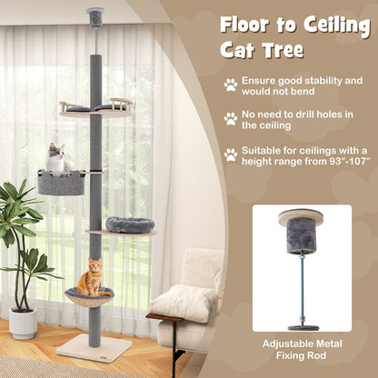 Floor to Ceiling Cat Tree with 93"-107" Adjustable Height, Gray
