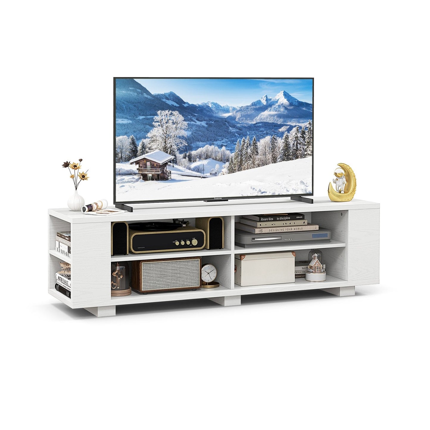 Wooden TV Stand with 8 Open Shelves for TVs up to 65 Inch Flat Screen, White