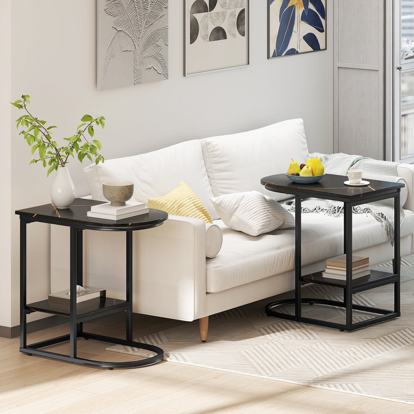 Modern C-Shaped Sofa Side Table, Faux Marble Top, Storage Shelf, Black End & Side Tables at Gallery Canada