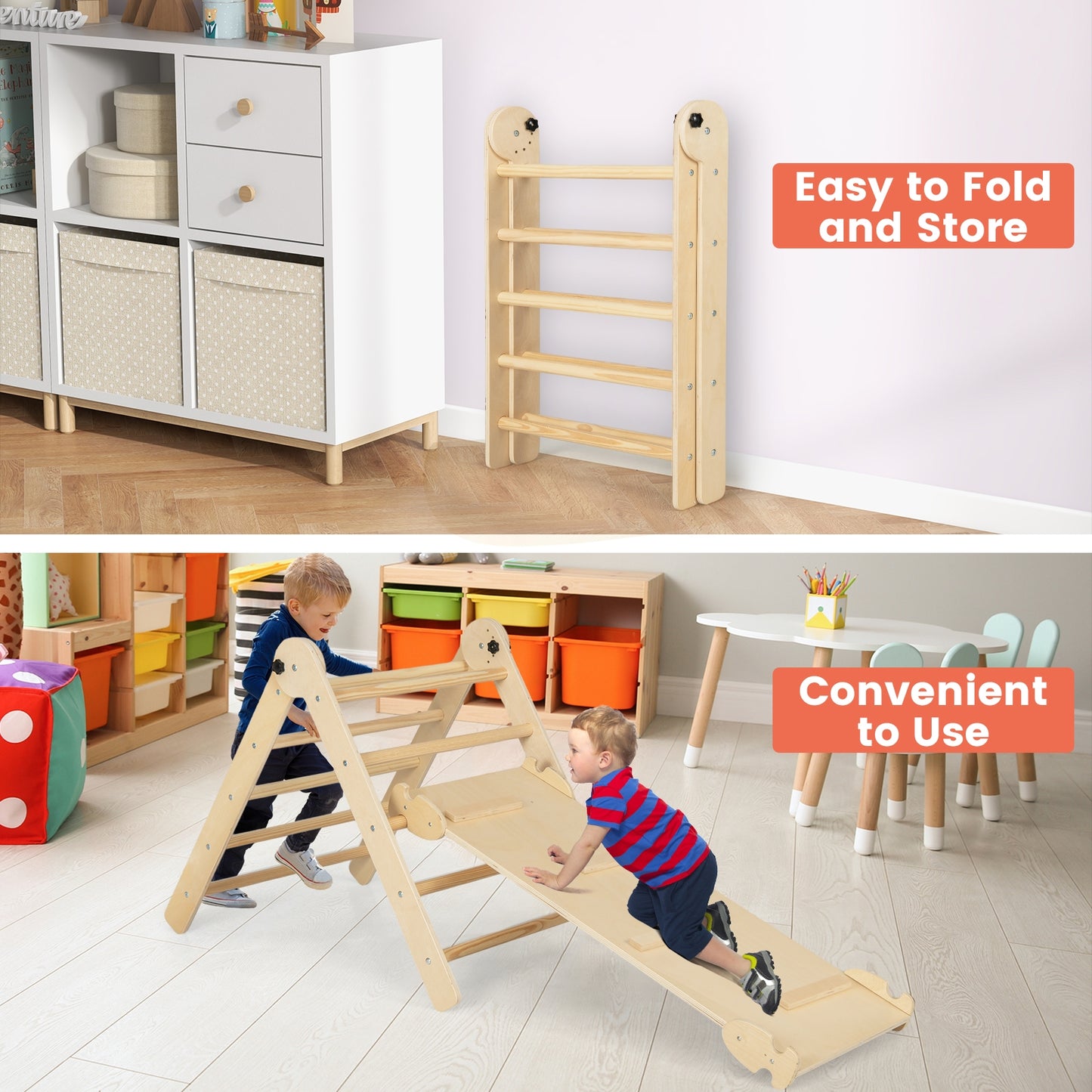 3-In-1 Foldable Adjustable Kids Triangle Climbing Set, Natural Climbers & Slides at Gallery Canada