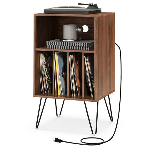 Record Player Stand with Charging Station for Living Room Bedroom, Walnut