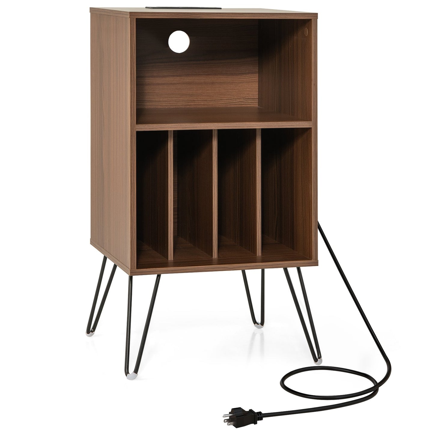 Record Player Stand with Charging Station for Living Room Bedroom, Walnut