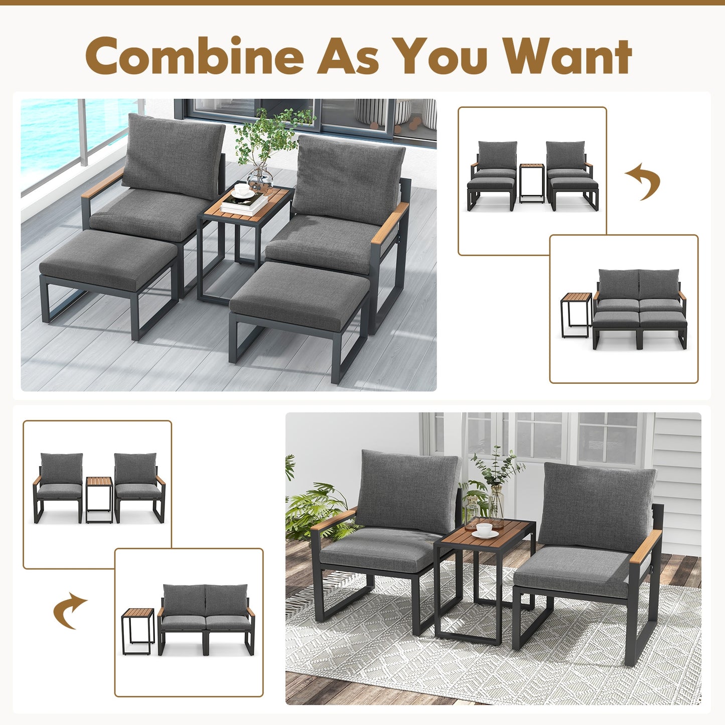 5 Pieces Aluminum Frame Weatherproof Outdoor Conversation Set with Soft Cushions, Gray Patio Conversation Sets at Gallery Canada
