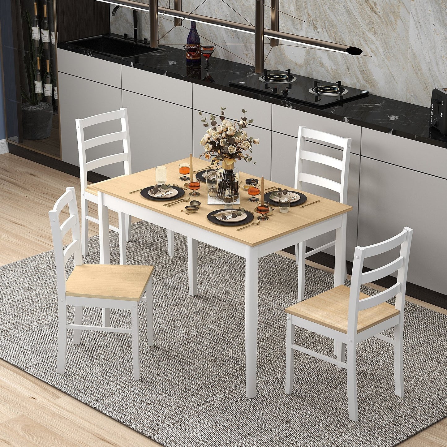 5-Piece Wooden Dining Set with Rectangular Table and 4 Chairs, Natural