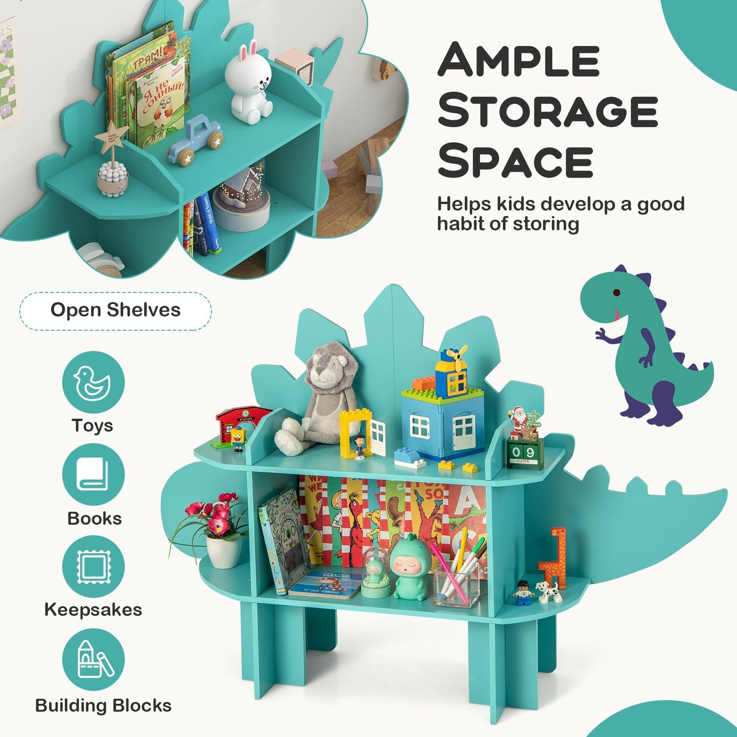 Kids Bookcase Shelf Toy Storage Organizer with Open Storage Shelves-Dinosaur, Green