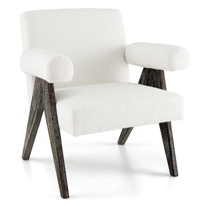 Upholstered Armchair with Natural Rubber Wood Legs and Sponge Padded Seat, White