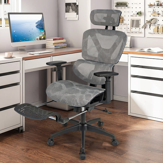 Mesh Office Chair, Tilting Backrest, Retractable Footrest, Gray