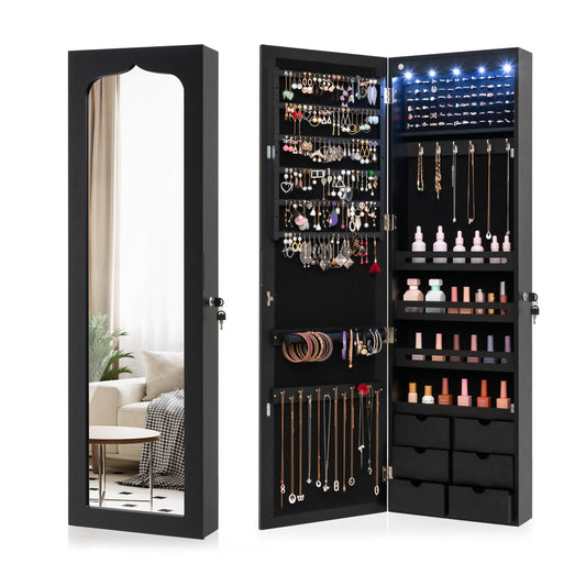 Lockable Wall Mounted Mirror Jewelry Armoire with 5 LEDs and 6 Drawers, Black