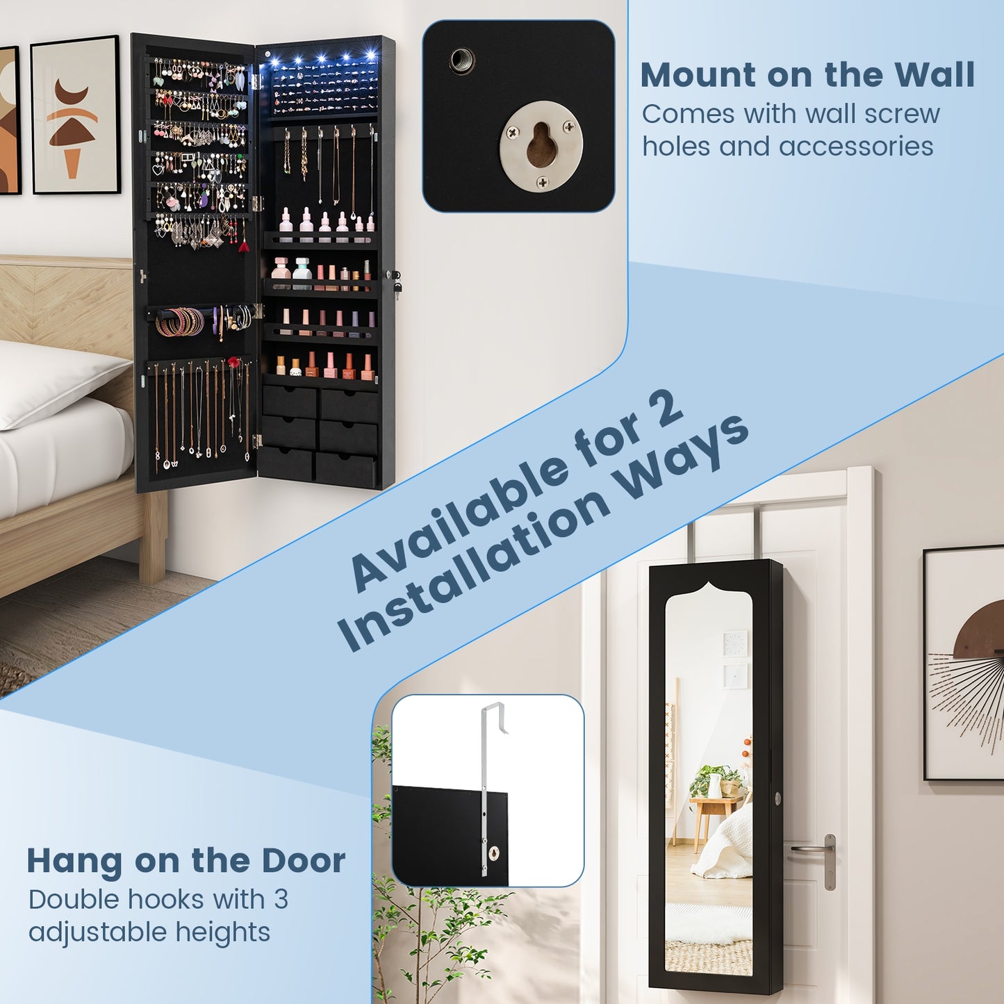 Wall Mounted Mirror Jewelry Armoire, Lockable, 5 LEDs, 6 Drawers, Black Jewelry Armoires at Gallery Canada