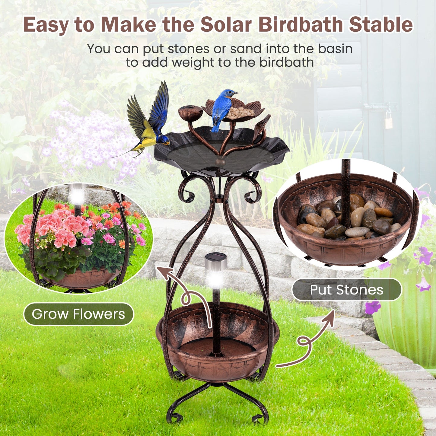 Solar Bird Bath Feeder, Planter Pedestal With Lights, Copper Pets at Gallery Canada