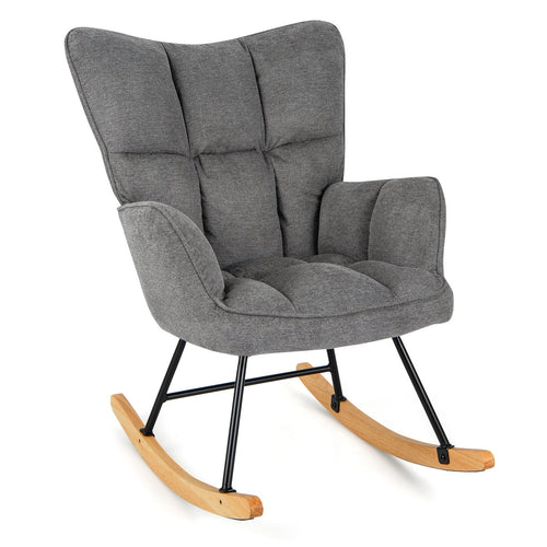 Linen Nursery Rocking Chair with High Backrest and Padded Armrests, Gray