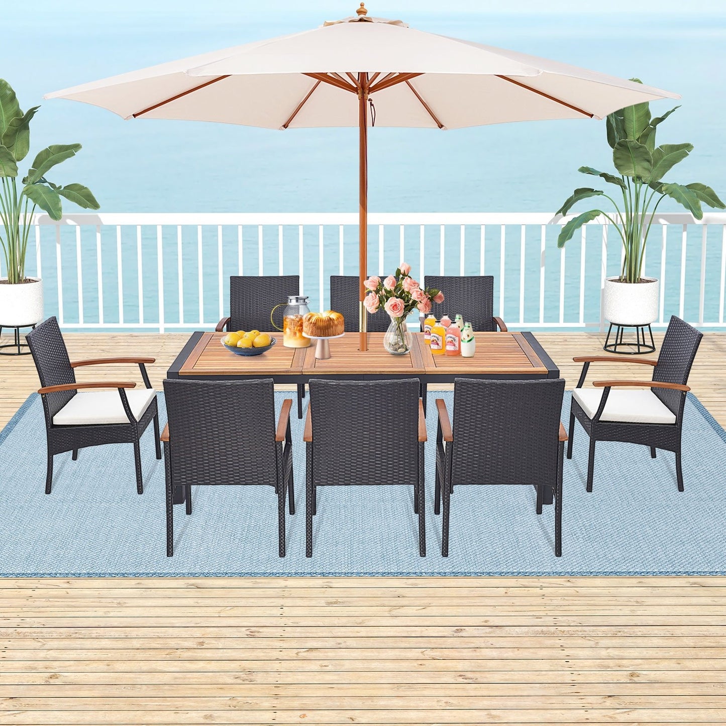 9 Pieces  Patio Rattan Dining Set with Acacia Wood Table for Backyard  Garden-Wood Handrail