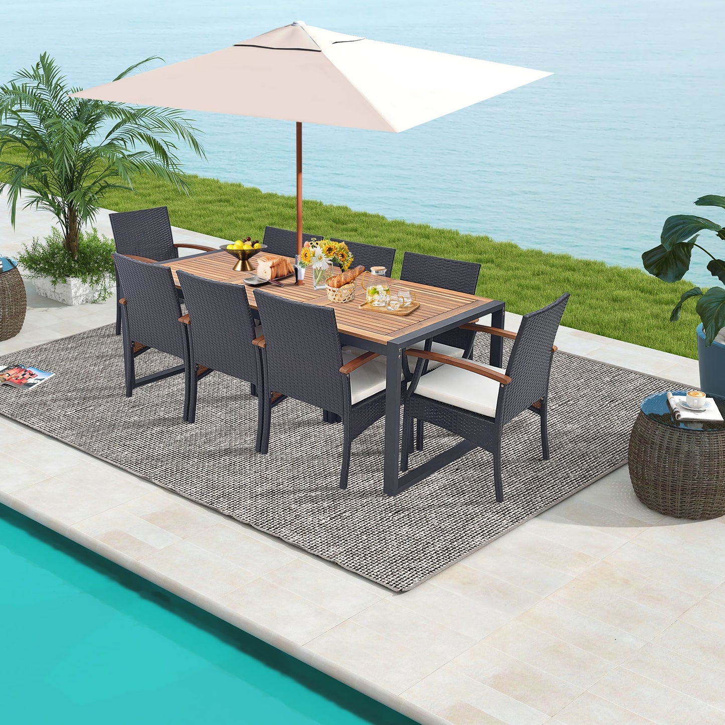9 Pieces  Patio Rattan Dining Set with Acacia Wood Table for Backyard, Garden - Gallery Canada