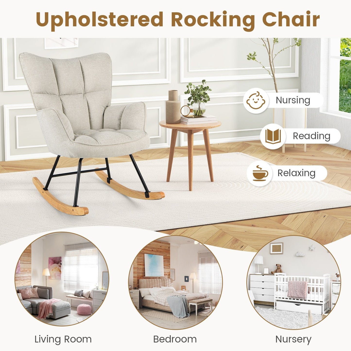 Linen Nursery Rocking Chair with High Backrest and Padded Armrests, White