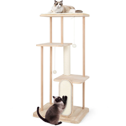 Wooden Multi-level Modern Cat Tower with Scratching Board and Post-50 inches, Beige