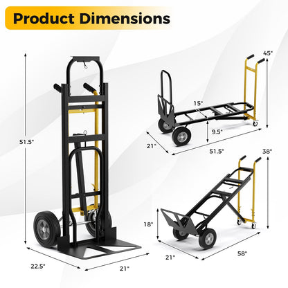 3-in-1 Convertible Hand Truck Metal Dolly Cart with 4 Rubber Wheels for Transport, Black