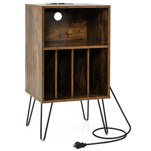 Record Player Stand with Charging Station for Living Room Bedroom, Rustic Brown