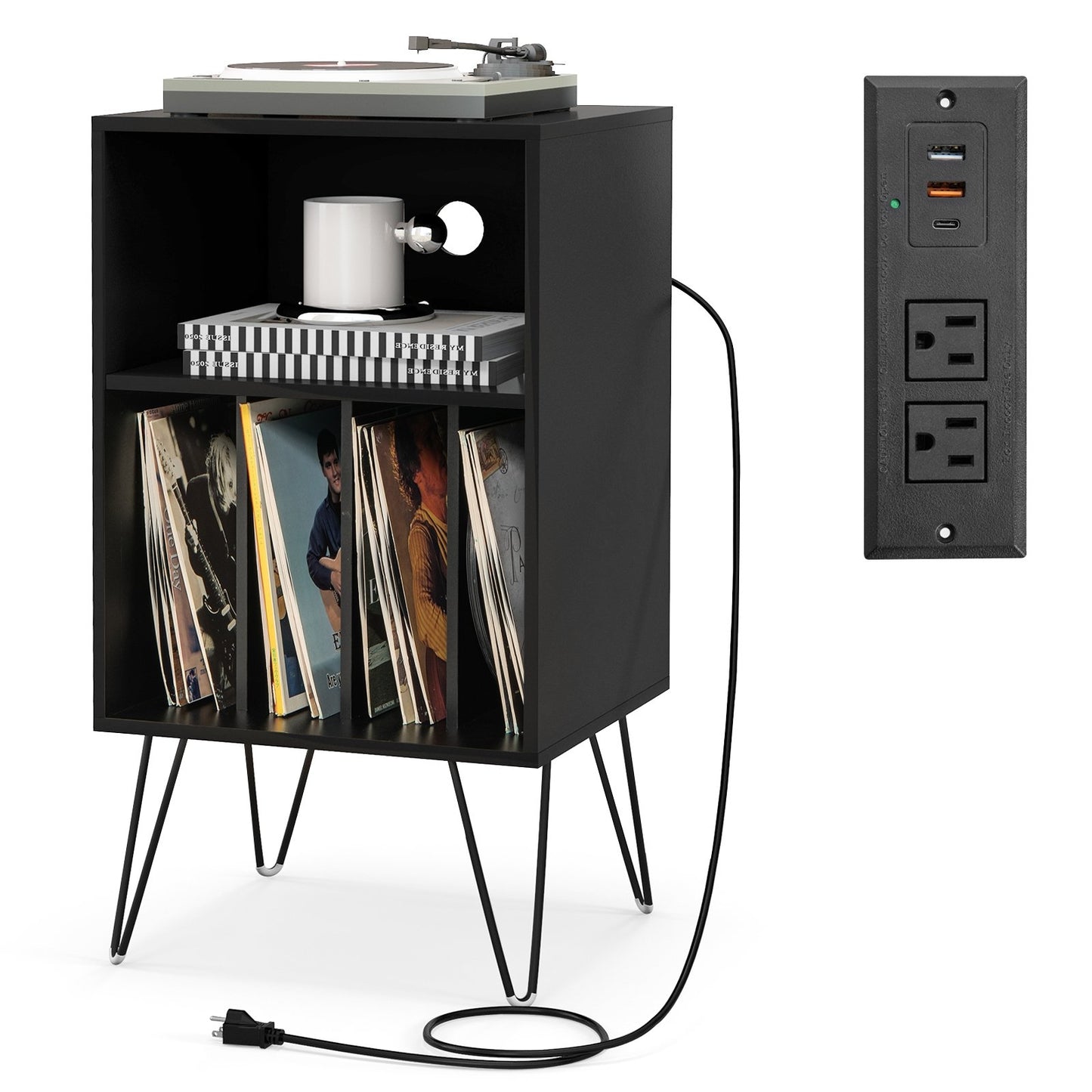 Record Player Stand with Charging Station for Living Room Bedroom, Black