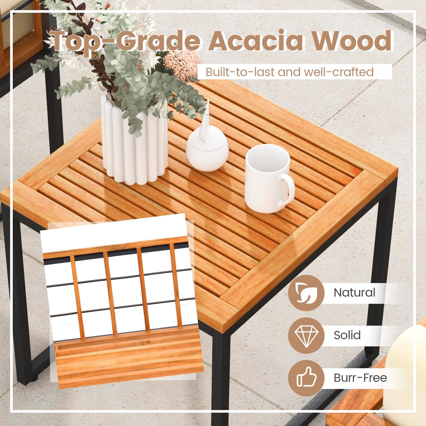 3 Pieces Patio Chair Set Acacia Wood Outdoor Sofa Set with Soft Cushions, Beige Patio Conversation Sets at Gallery Canada