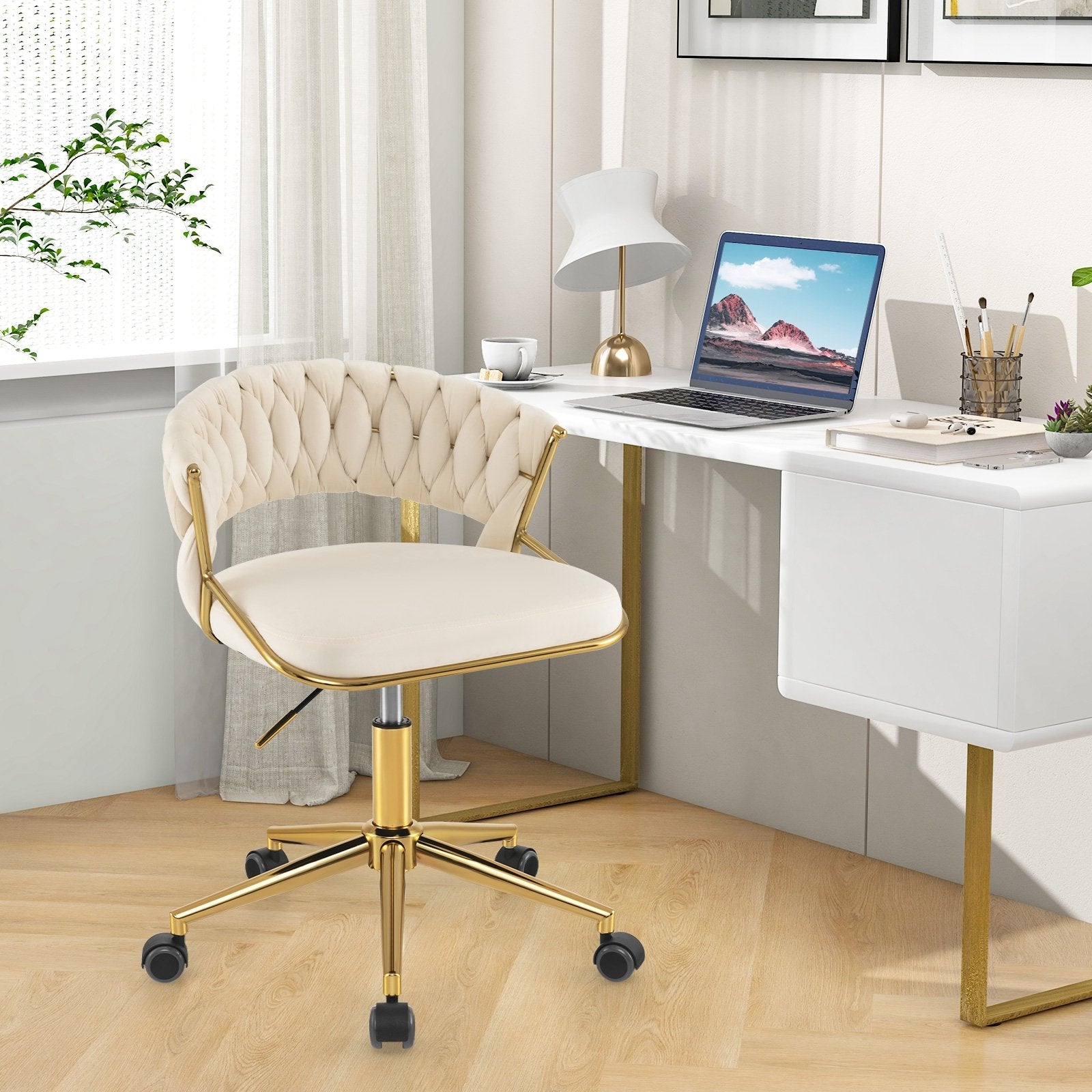 360° Height Adjustable Swivel Upholstered Desk Computer Chair with Hand-woven Back, Beige at Gallery Canada
