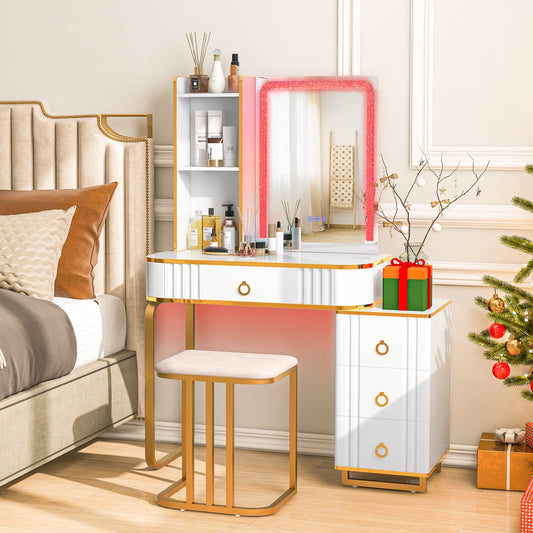 Vanity Table Set with RGB LED Lights and Wireless Charging Station, White Makeup Vanities White at Gallery Canada