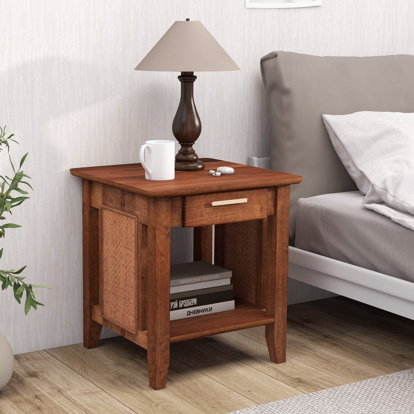 Rattan Nightstand End Table with Drawer and Storage Shelf, Walnut at Gallery Canada