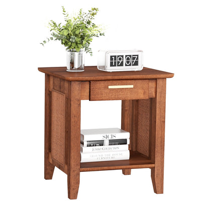 Rattan Nightstand End Table with Drawer and Storage Shelf, Walnut at Gallery Canada