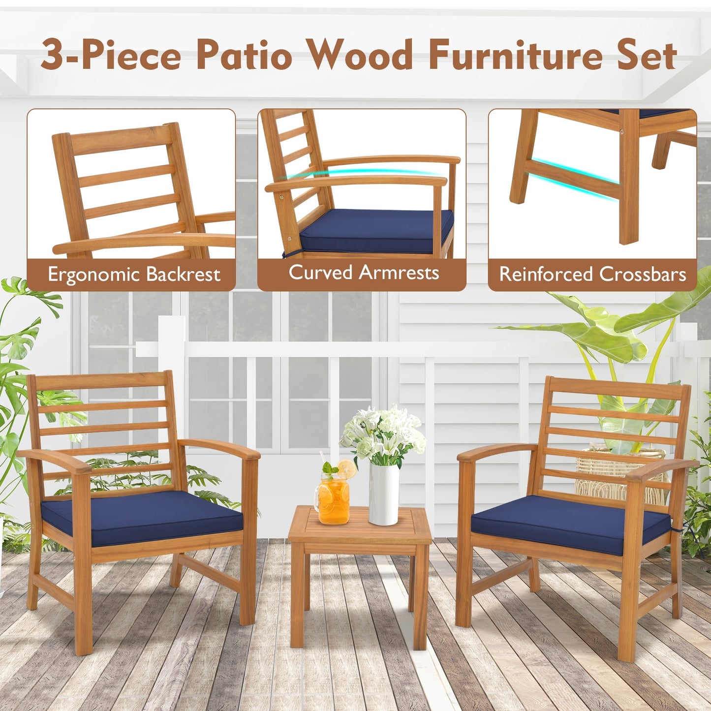 3 Piece Outdoor Furniture Set, Soft Seat Cushions, Navy Patio Conversation Sets at Gallery Canada