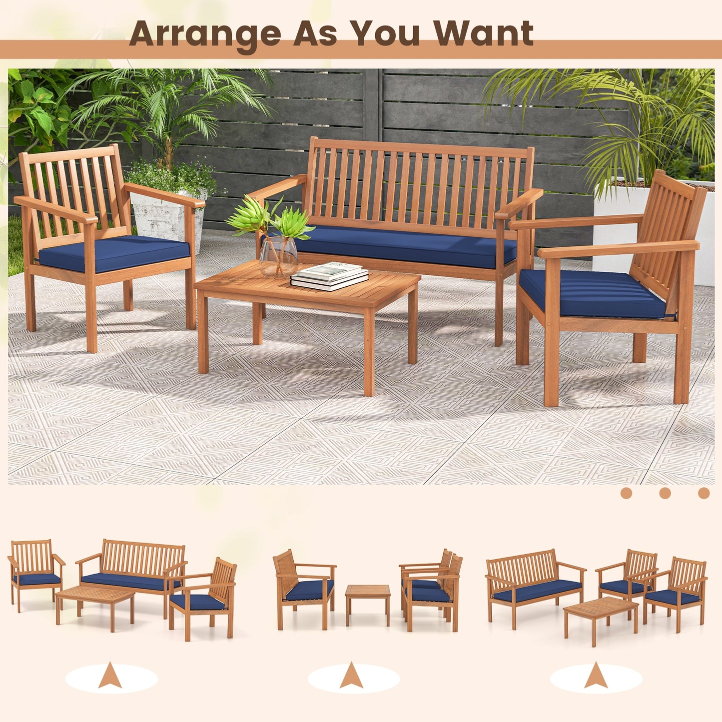 4 Piece Acacia Wood Patio Sofa Set, Loveseat, Navy Patio Conversation Sets at Gallery Canada