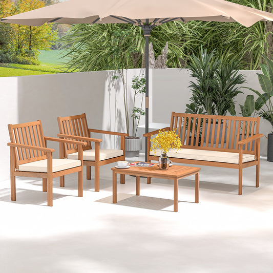 4 Piece Patio Sofa Set, Acacia Wood, Off White