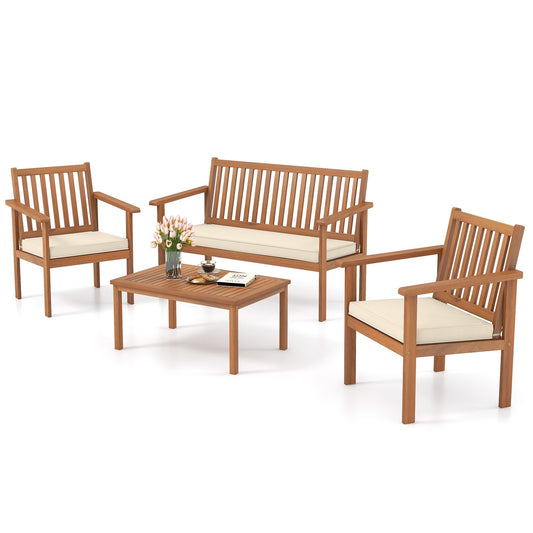 4 Piece Patio Wood Furniture Set Acacia Wood Sofa Set with Loveseat, Off White